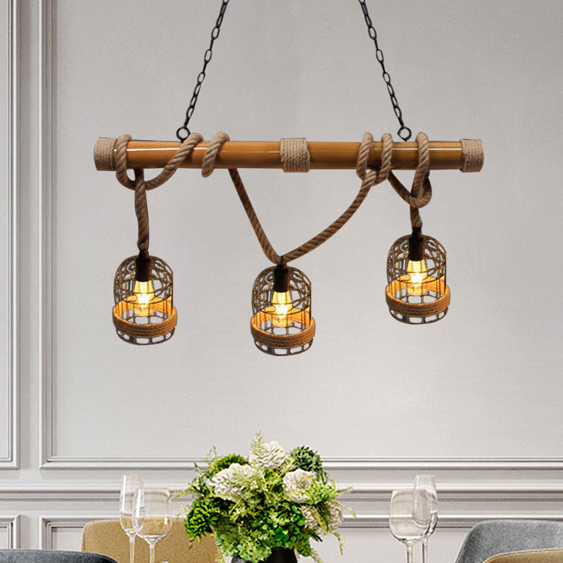 3 Heads Metal Island Light Vintage Rust Birdcage Shade Bar Island Pendant Lighting with Adjustable Rope Clearhalo 'Ceiling Lights' 'Island Lights' Lighting' 1796339