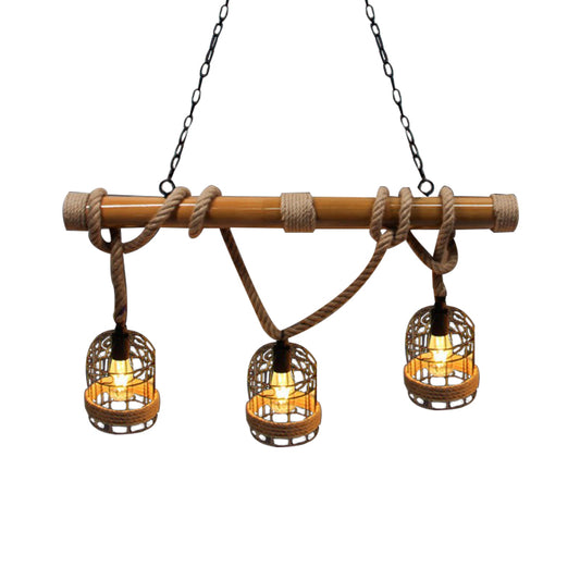 3 Heads Metal Island Light Vintage Rust Birdcage Shade Bar Island Pendant Lighting with Adjustable Rope Clearhalo 'Ceiling Lights' 'Island Lights' Lighting' 1796340
