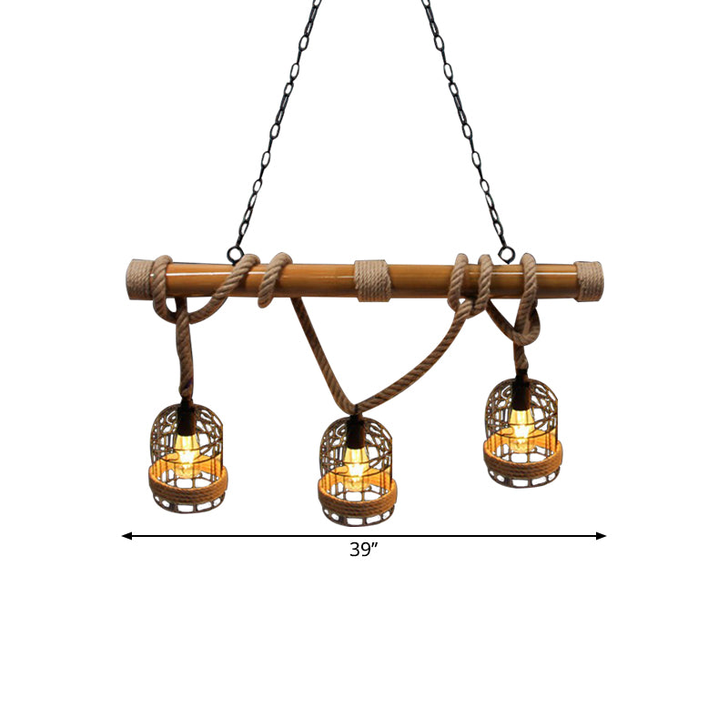 3 Heads Metal Island Light Vintage Rust Birdcage Shade Bar Island Pendant Lighting with Adjustable Rope Clearhalo 'Ceiling Lights' 'Island Lights' Lighting' 1796341