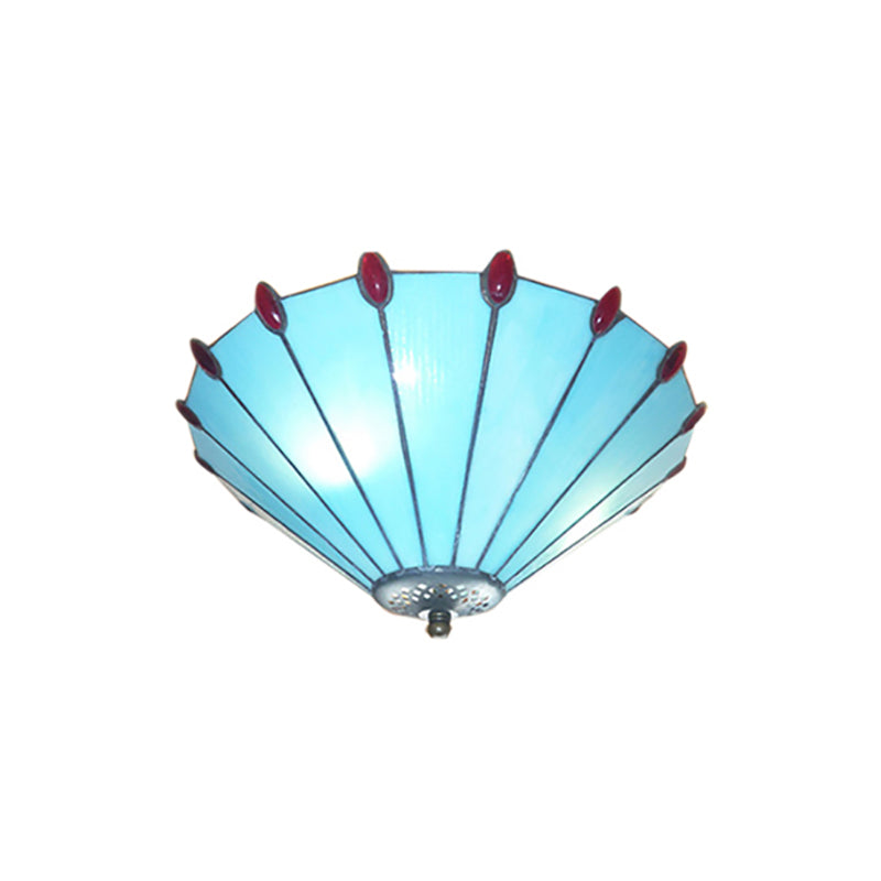 Tiffany Style Cone Ceiling Lamp Art Glass Blue Finish Flush Ceiling Light for Dining Room Clearhalo 'Ceiling Lights' 'Close To Ceiling Lights' 'Close to ceiling' 'Flush mount' Lighting' 179637