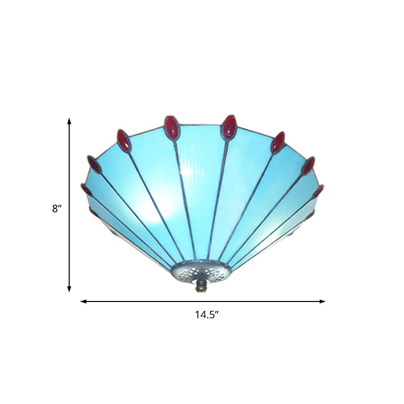 Tiffany Style Cone Ceiling Lamp Art Glass Blue Finish Flush Ceiling Light for Dining Room Clearhalo 'Ceiling Lights' 'Close To Ceiling Lights' 'Close to ceiling' 'Flush mount' Lighting' 179638