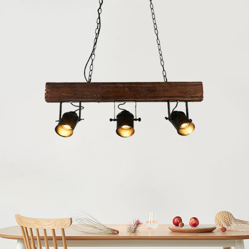 Barrel Shade Metal Island Pendant Light Vintage 3 Heads Restaurant Island Lighting with Linear Wooden Beam in Black Clearhalo 'Ceiling Lights' 'Island Lights' Lighting' 1796414