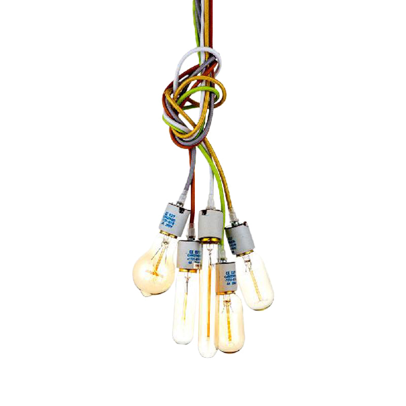 Open Bulb Restaurant Suspended Light Industrial Metal 5 Lights White Ceiling Fixture with Multi Colored Cord Clearhalo 'Ceiling Lights' 'Close To Ceiling Lights' 'Glass shade' 'Glass' 'Industrial Pendants' 'Industrial' 'Middle Century Pendants' 'Pendant Lights' 'Pendants' 'Tiffany' Lighting' 1796420