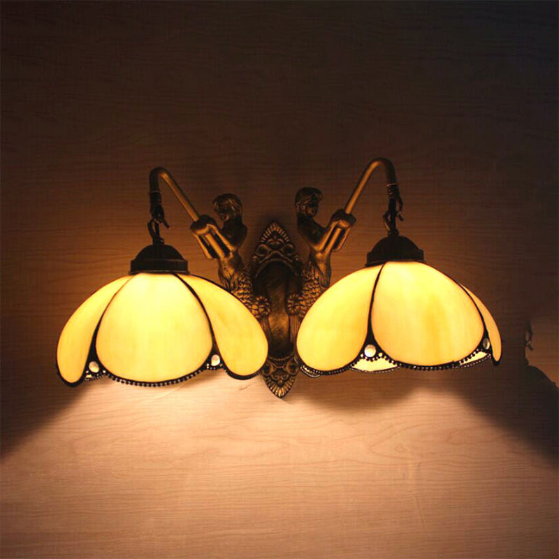 2 Lights Petal Sconce Lighting Tiffany Yellow Glass Sconce Light Fixture for Bedroom Clearhalo 'Industrial' 'Middle century wall lights' 'Tiffany wall lights' 'Tiffany' 'Wall Lamps & Sconces' 'Wall Lights' Lighting' 179644