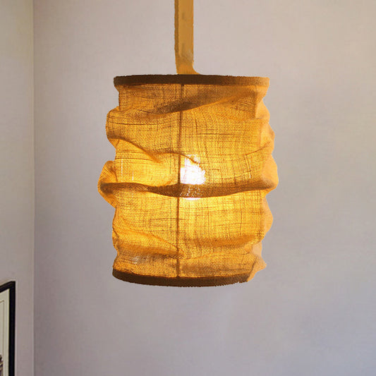 Vintage Style Lantern Ceiling Fixture 6.5"/9" W 1 Bulb Linen Hanging Lamp with Rope Cord in Yellow for Dining Room Clearhalo 'Ceiling Lights' 'Pendant Lights' 'Pendants' Lighting' 1796448