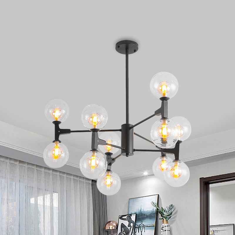 Modern Orb Shade Chandelier Amber/Cream Glass and Metal 12 Heads Pendant Lighting in Black/White for Restaurant Cafe Black Amber Clearhalo 'Ceiling Lights' 'Chandeliers' 'Modern Chandeliers' 'Modern' Lighting' 1796500