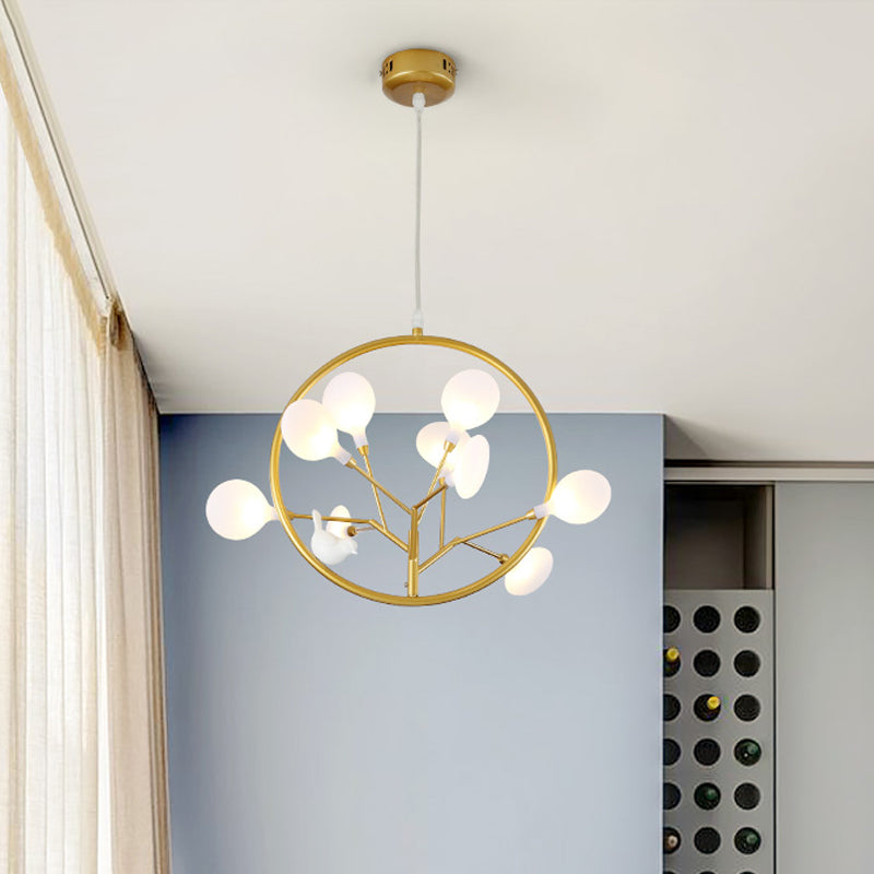 9 Lights Branch Pendant Lamp with Bird Deco Elegant Metallic Hanging Light in Gold for Cloth Shop Gold Clearhalo 'Ceiling Lights' 'Chandeliers' 'Glass shade' 'Glass' 'Modern Chandeliers' 'Modern' Lighting' 1796528