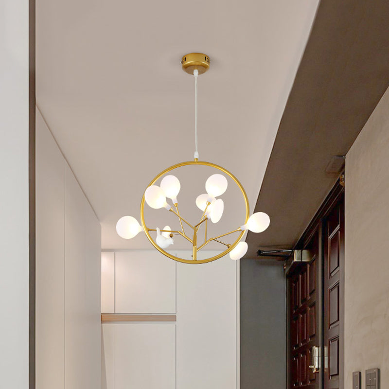 9 Lights Branch Pendant Lamp with Bird Deco Elegant Metallic Hanging Light in Gold for Cloth Shop Clearhalo 'Ceiling Lights' 'Chandeliers' 'Glass shade' 'Glass' 'Modern Chandeliers' 'Modern' Lighting' 1796529