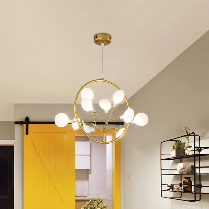 9 Lights Branch Pendant Lamp with Bird Deco Elegant Metallic Hanging Light in Gold for Cloth Shop Clearhalo 'Ceiling Lights' 'Chandeliers' 'Glass shade' 'Glass' 'Modern Chandeliers' 'Modern' Lighting' 1796530