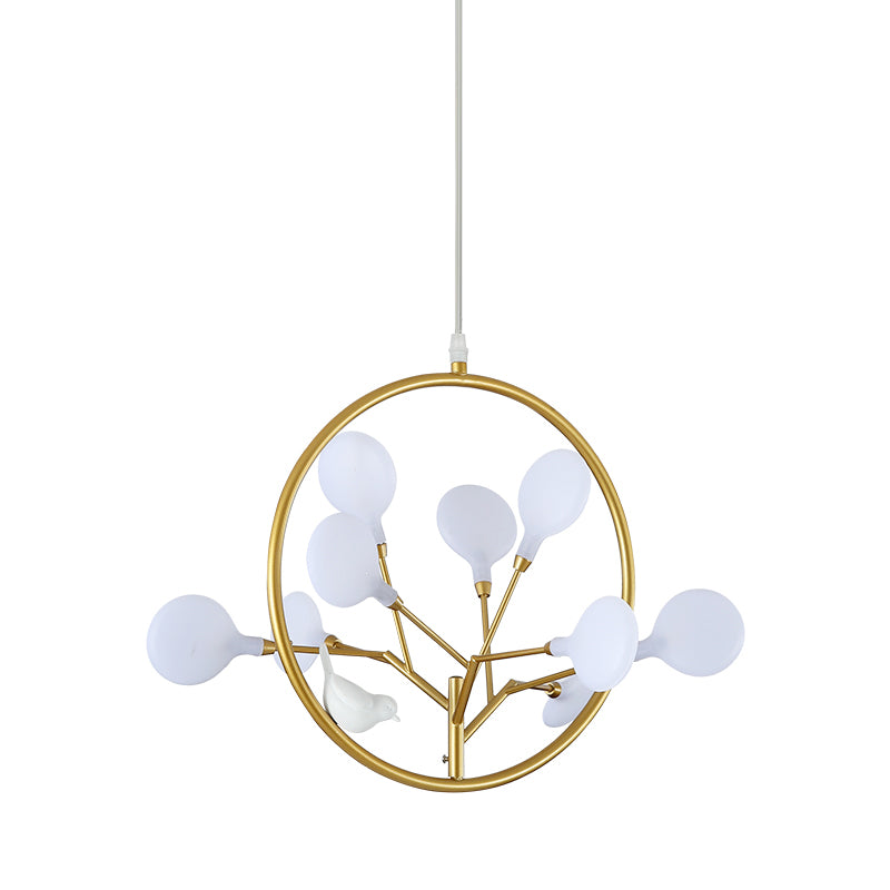 9 Lights Branch Pendant Lamp with Bird Deco Elegant Metallic Hanging Light in Gold for Cloth Shop Clearhalo 'Ceiling Lights' 'Chandeliers' 'Glass shade' 'Glass' 'Modern Chandeliers' 'Modern' Lighting' 1796531