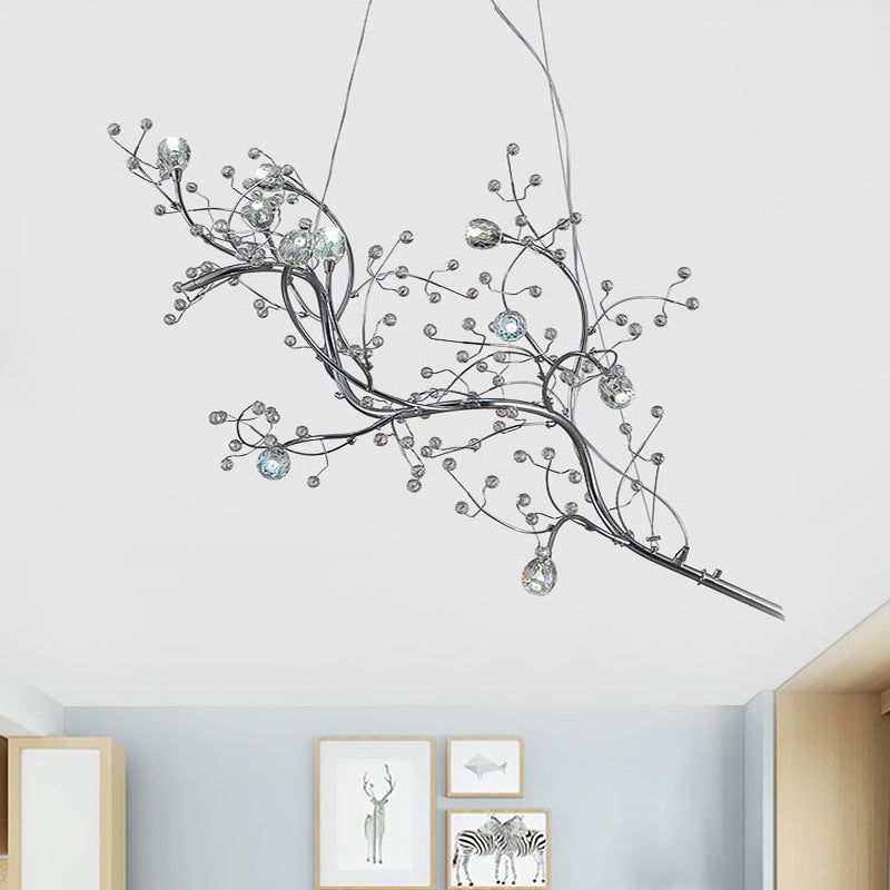 Metallic Thin Branch Chandelier with Crystal Bead 10 Lights Romantic Suspension Light for Boutique Silver Clearhalo 'Ceiling Lights' 'Chandeliers' 'Modern Chandeliers' 'Modern' Lighting' 1796542