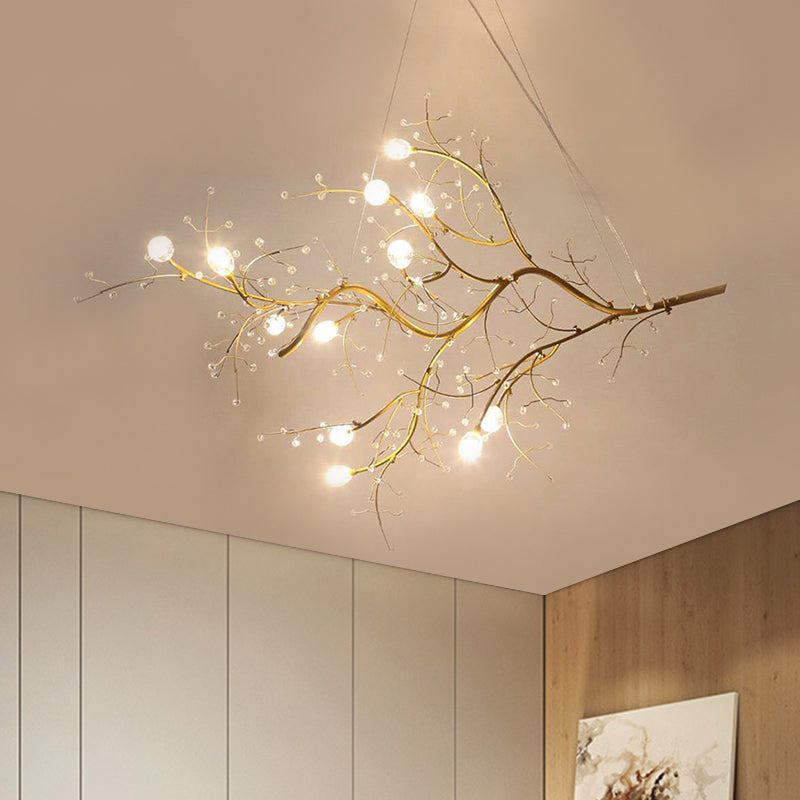 Metallic Thin Branch Chandelier with Crystal Bead 10 Lights Romantic Suspension Light for Boutique Clearhalo 'Ceiling Lights' 'Chandeliers' 'Modern Chandeliers' 'Modern' Lighting' 1796543