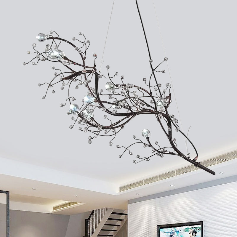 Metallic Thin Branch Chandelier with Crystal Bead 10 Lights Romantic Suspension Light for Boutique Black Clearhalo 'Ceiling Lights' 'Chandeliers' 'Modern Chandeliers' 'Modern' Lighting' 1796547