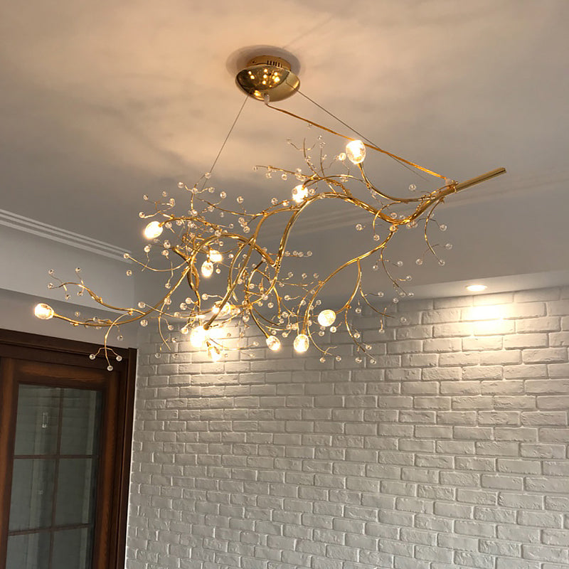 Metallic Thin Branch Chandelier with Crystal Bead 10 Lights Romantic Suspension Light for Boutique Gold Clearhalo 'Ceiling Lights' 'Chandeliers' 'Modern Chandeliers' 'Modern' Lighting' 1796551