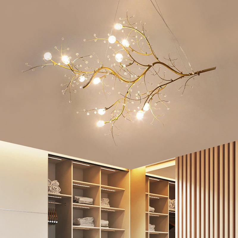 Metallic Thin Branch Chandelier with Crystal Bead 10 Lights Romantic Suspension Light for Boutique Clearhalo 'Ceiling Lights' 'Chandeliers' 'Modern Chandeliers' 'Modern' Lighting' 1796552