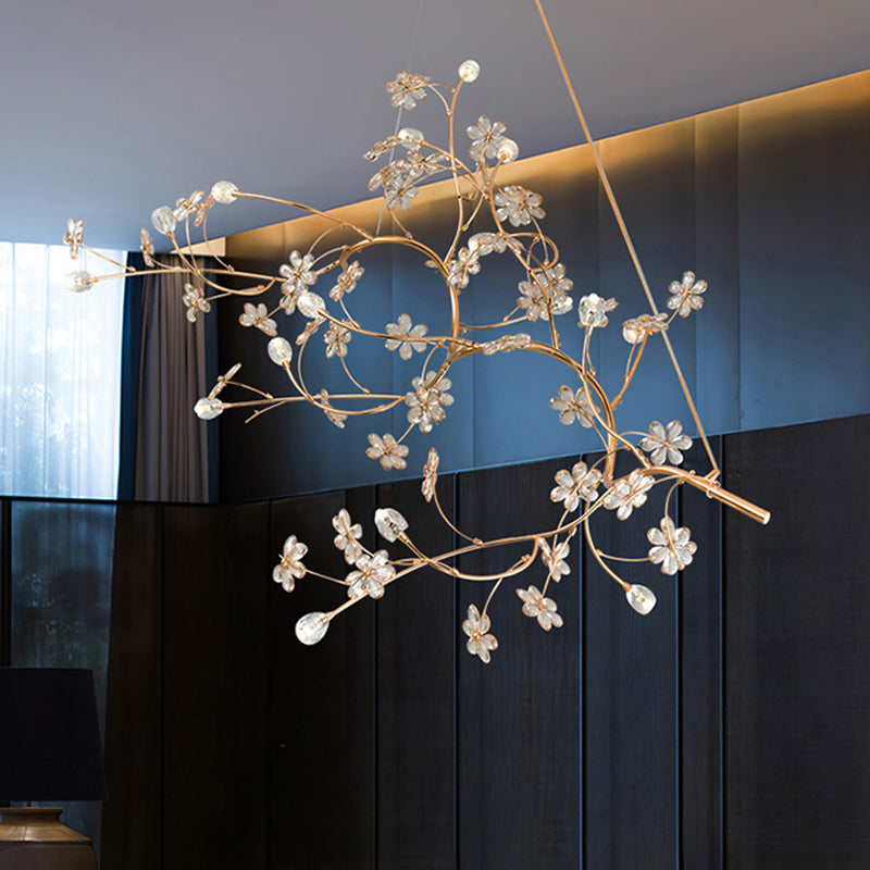 Romantic Plum Tree Chandelier with Crystal Flower 12 Lights Metallic Pendant Light in Gold for Cafe Gold Clearhalo 'Ceiling Lights' 'Chandeliers' 'Modern Chandeliers' 'Modern' Lighting' 1796555