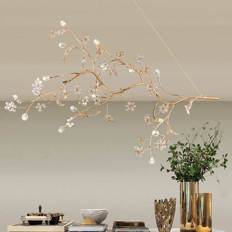 Romantic Plum Tree Chandelier with Crystal Flower 12 Lights Metallic Pendant Light in Gold for Cafe Clearhalo 'Ceiling Lights' 'Chandeliers' 'Modern Chandeliers' 'Modern' Lighting' 1796557