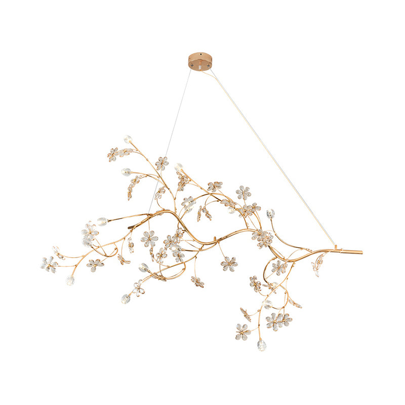 Romantic Plum Tree Chandelier with Crystal Flower 12 Lights Metallic Pendant Light in Gold for Cafe Clearhalo 'Ceiling Lights' 'Chandeliers' 'Modern Chandeliers' 'Modern' Lighting' 1796558