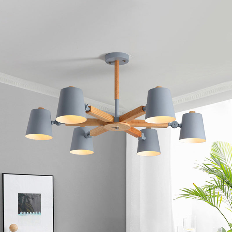 Coolie Shade Office Chandelier Metal and Wood Nordic Style Monochrome Green/Grey/White Pendant Light 6 Grey Clearhalo 'Ceiling Lights' 'Chandeliers' 'Modern Chandeliers' 'Modern' Lighting' 1796588