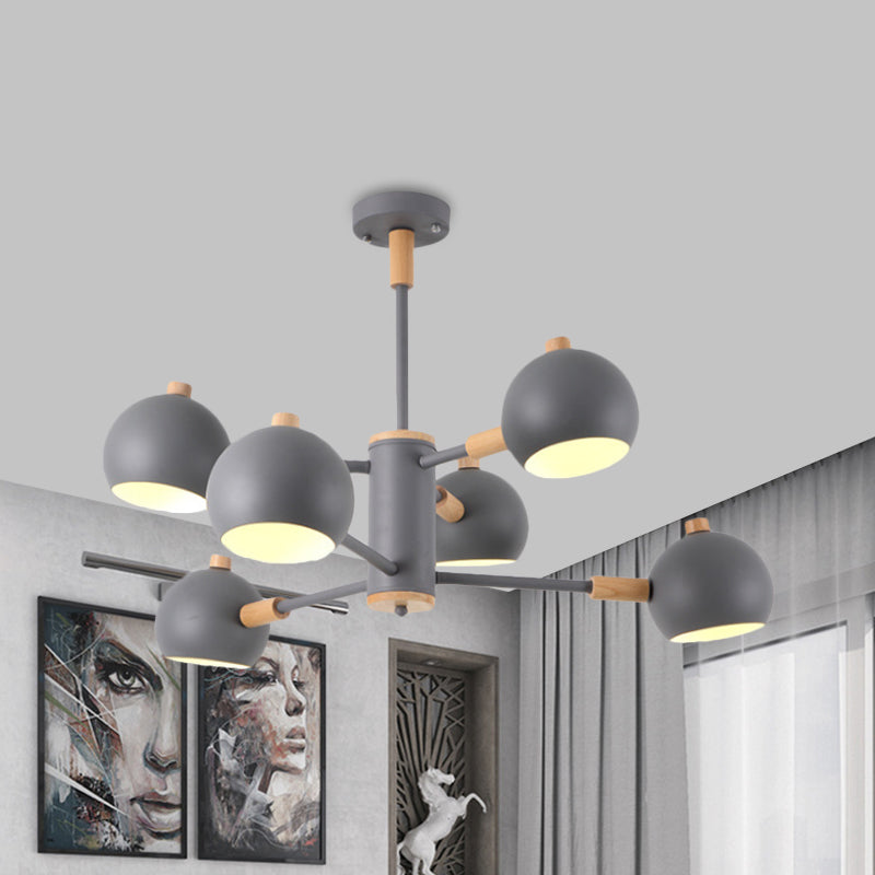 Globe Shade Living Room Chandelier Metal Multi-Head Nordic Pendant Lighting in Green/Grey/White 6 Grey Clearhalo 'Ceiling Lights' 'Chandeliers' 'Modern Chandeliers' 'Modern' Lighting' 1796688