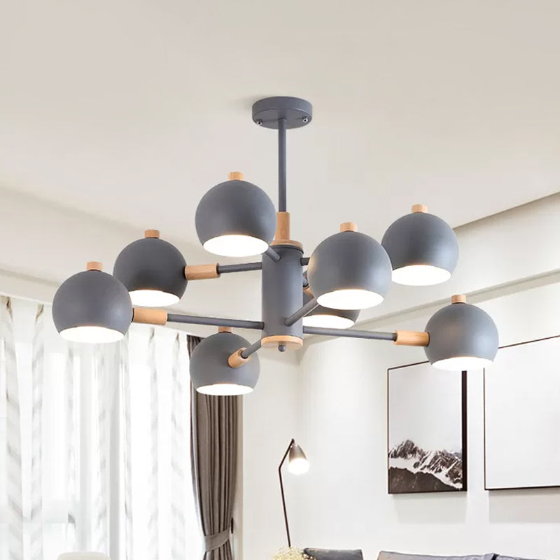 Globe Shade Living Room Chandelier Metal Multi-Head Nordic Pendant Lighting in Green/Grey/White 8 Grey Clearhalo 'Ceiling Lights' 'Chandeliers' 'Modern Chandeliers' 'Modern' Lighting' 1796692