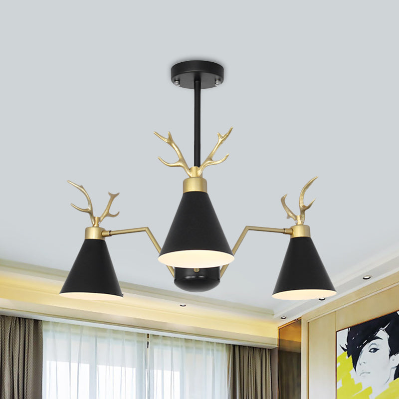 Nordic Cone Hanging Lamp with Deer Horn 3 Lights Metal Chandelier for Cafe Restaurant Black Clearhalo 'Ceiling Lights' 'Chandeliers' 'Modern Chandeliers' 'Modern' Lighting' 1796731