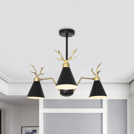 Nordic Cone Hanging Lamp with Deer Horn 3 Lights Metal Chandelier for Cafe Restaurant Clearhalo 'Ceiling Lights' 'Chandeliers' 'Modern Chandeliers' 'Modern' Lighting' 1796732