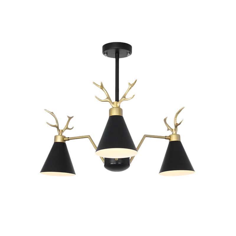 Nordic Cone Hanging Lamp with Deer Horn 3 Lights Metal Chandelier for Cafe Restaurant Clearhalo 'Ceiling Lights' 'Chandeliers' 'Modern Chandeliers' 'Modern' Lighting' 1796733