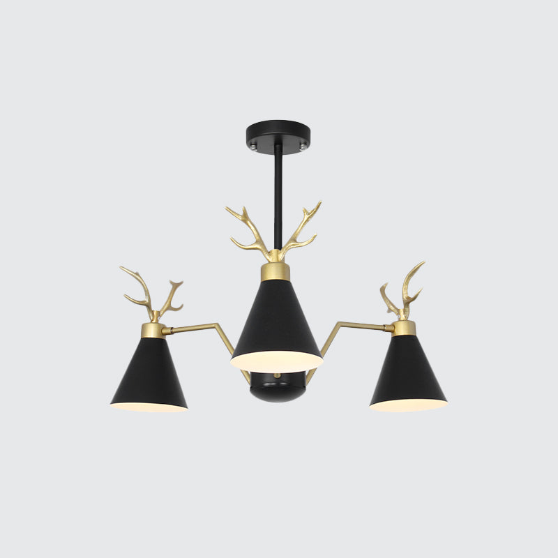 Nordic Cone Hanging Lamp with Deer Horn 3 Lights Metal Chandelier for Cafe Restaurant Clearhalo 'Ceiling Lights' 'Chandeliers' 'Modern Chandeliers' 'Modern' Lighting' 1796734