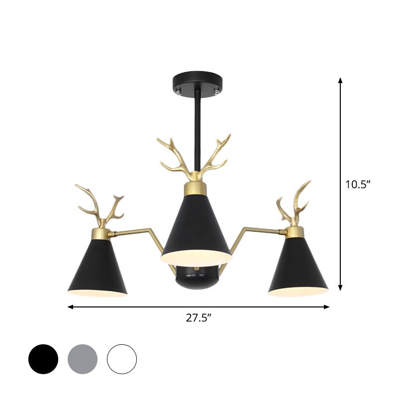 Nordic Cone Hanging Lamp with Deer Horn 3 Lights Metal Chandelier for Cafe Restaurant Clearhalo 'Ceiling Lights' 'Chandeliers' 'Modern Chandeliers' 'Modern' Lighting' 1796735