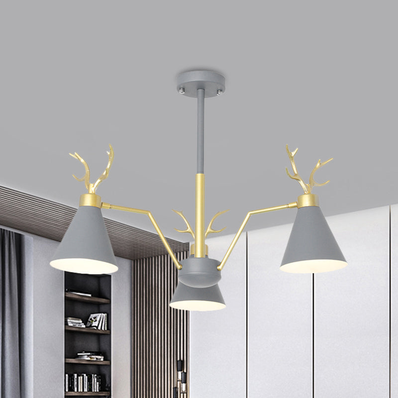 Nordic Cone Hanging Lamp with Deer Horn 3 Lights Metal Chandelier for Cafe Restaurant Grey Clearhalo 'Ceiling Lights' 'Chandeliers' 'Modern Chandeliers' 'Modern' Lighting' 1796736