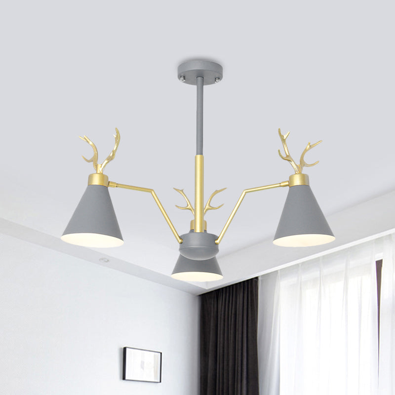 Nordic Cone Hanging Lamp with Deer Horn 3 Lights Metal Chandelier for Cafe Restaurant Clearhalo 'Ceiling Lights' 'Chandeliers' 'Modern Chandeliers' 'Modern' Lighting' 1796737