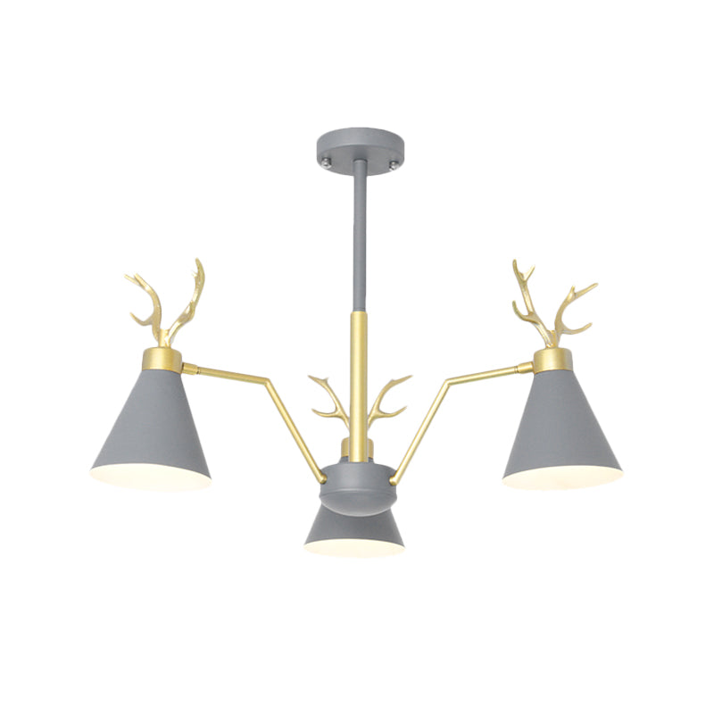 Nordic Cone Hanging Lamp with Deer Horn 3 Lights Metal Chandelier for Cafe Restaurant Clearhalo 'Ceiling Lights' 'Chandeliers' 'Modern Chandeliers' 'Modern' Lighting' 1796738