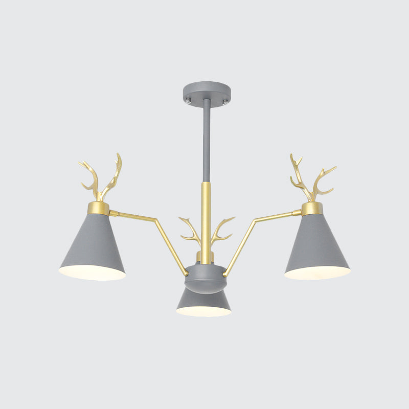 Nordic Cone Hanging Lamp with Deer Horn 3 Lights Metal Chandelier for Cafe Restaurant Clearhalo 'Ceiling Lights' 'Chandeliers' 'Modern Chandeliers' 'Modern' Lighting' 1796739