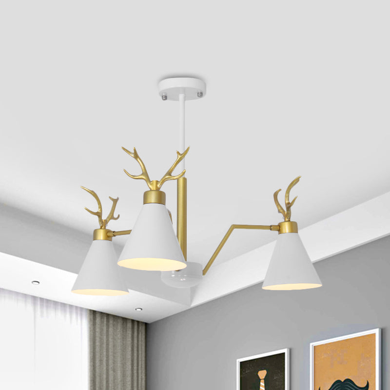 Nordic Cone Hanging Lamp with Deer Horn 3 Lights Metal Chandelier for Cafe Restaurant White Clearhalo 'Ceiling Lights' 'Chandeliers' 'Modern Chandeliers' 'Modern' Lighting' 1796740