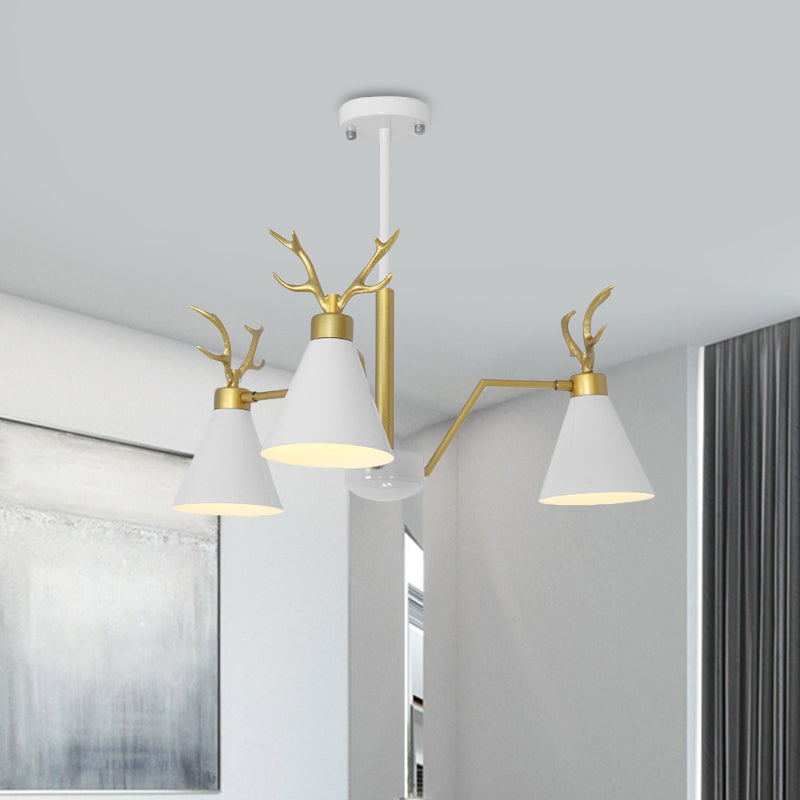 Nordic Cone Hanging Lamp with Deer Horn 3 Lights Metal Chandelier for Cafe Restaurant Clearhalo 'Ceiling Lights' 'Chandeliers' 'Modern Chandeliers' 'Modern' Lighting' 1796741