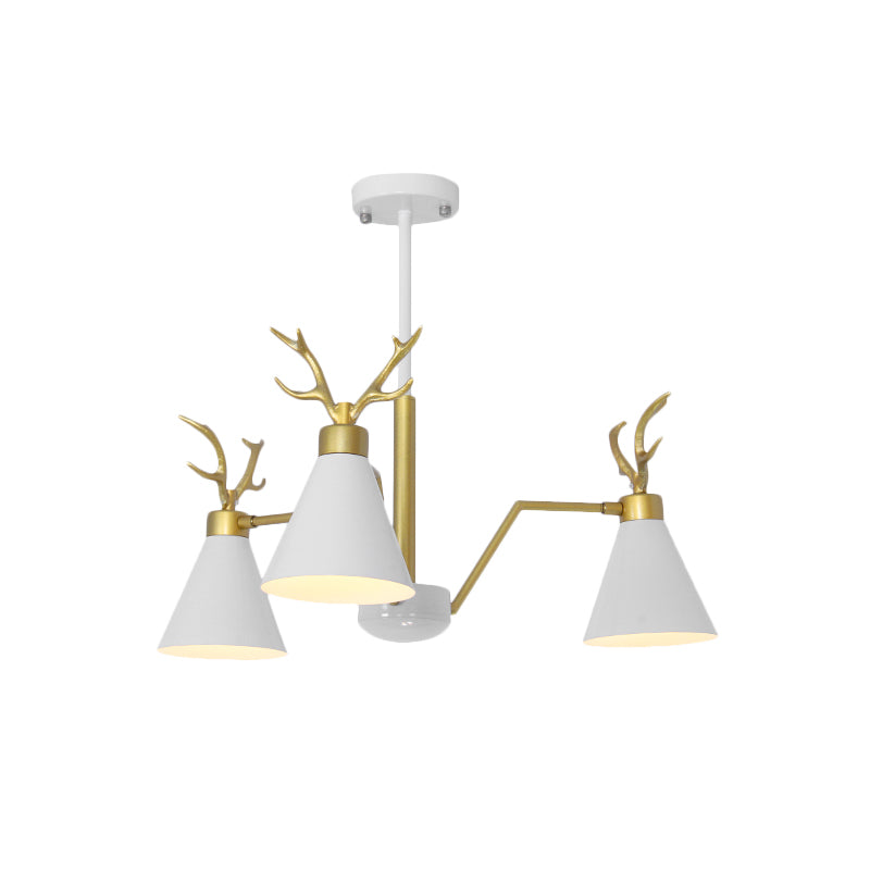 Nordic Cone Hanging Lamp with Deer Horn 3 Lights Metal Chandelier for Cafe Restaurant Clearhalo 'Ceiling Lights' 'Chandeliers' 'Modern Chandeliers' 'Modern' Lighting' 1796743