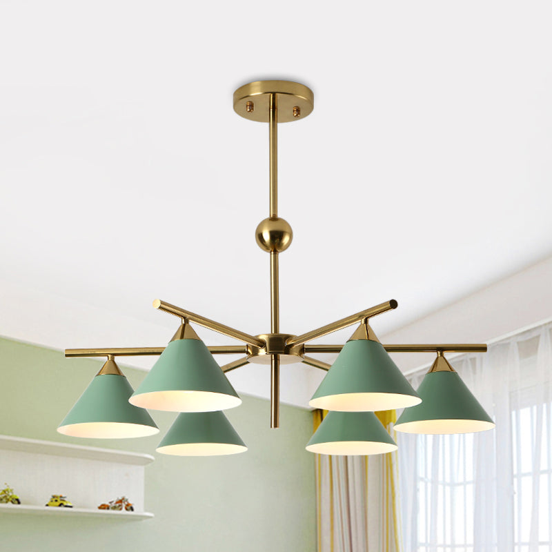 Metallic Pyramid Chandelier Kid Bedroom 6 Heads Macaron Candy Colored Hanging Light Green Clearhalo 'Ceiling Lights' 'Chandeliers' 'Modern Chandeliers' 'Modern' Lighting' 1796764