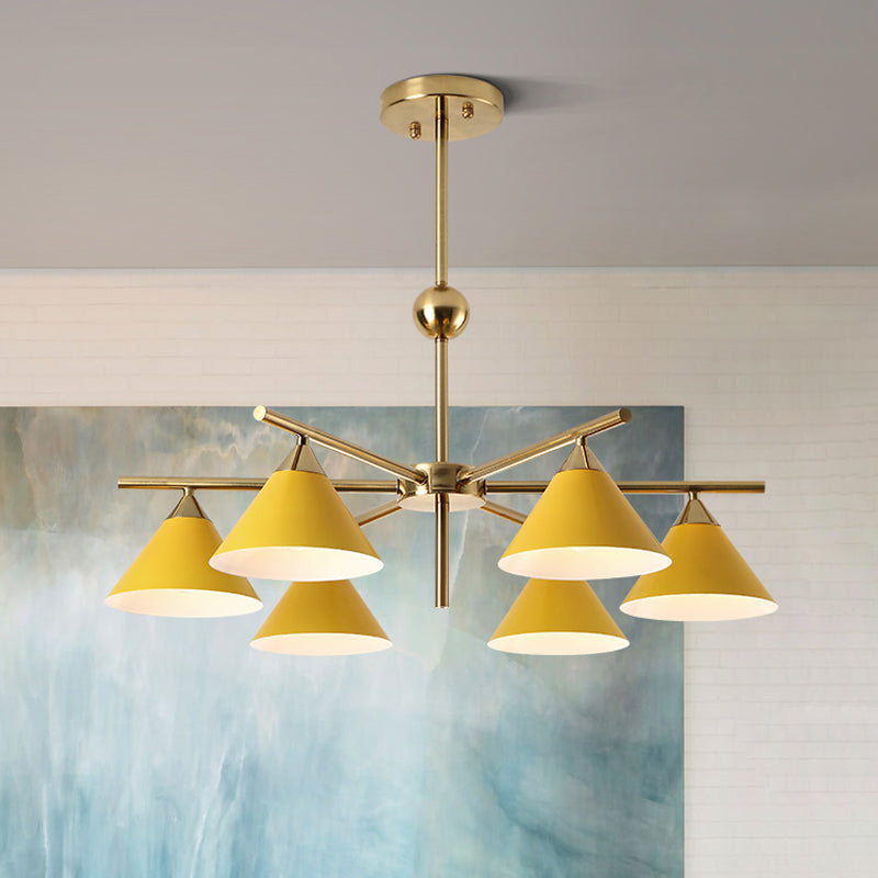 Metallic Pyramid Chandelier Kid Bedroom 6 Heads Macaron Candy Colored Hanging Light Yellow Clearhalo 'Ceiling Lights' 'Chandeliers' 'Modern Chandeliers' 'Modern' Lighting' 1796772