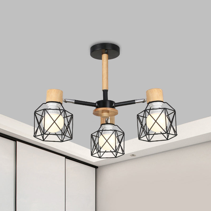 Iron Drum Wire Frame Chandelier Living Room 3/6/8-Light Modern Style Pendant Lighting in Black/White 3 Black Clearhalo 'Ceiling Lights' 'Chandeliers' 'Modern Chandeliers' 'Modern' Lighting' 1796781