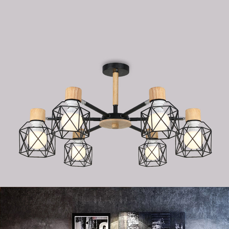 Iron Drum Wire Frame Chandelier Living Room 3/6/8-Light Modern Style Pendant Lighting in Black/White 6 Black Clearhalo 'Ceiling Lights' 'Chandeliers' 'Modern Chandeliers' 'Modern' Lighting' 1796786