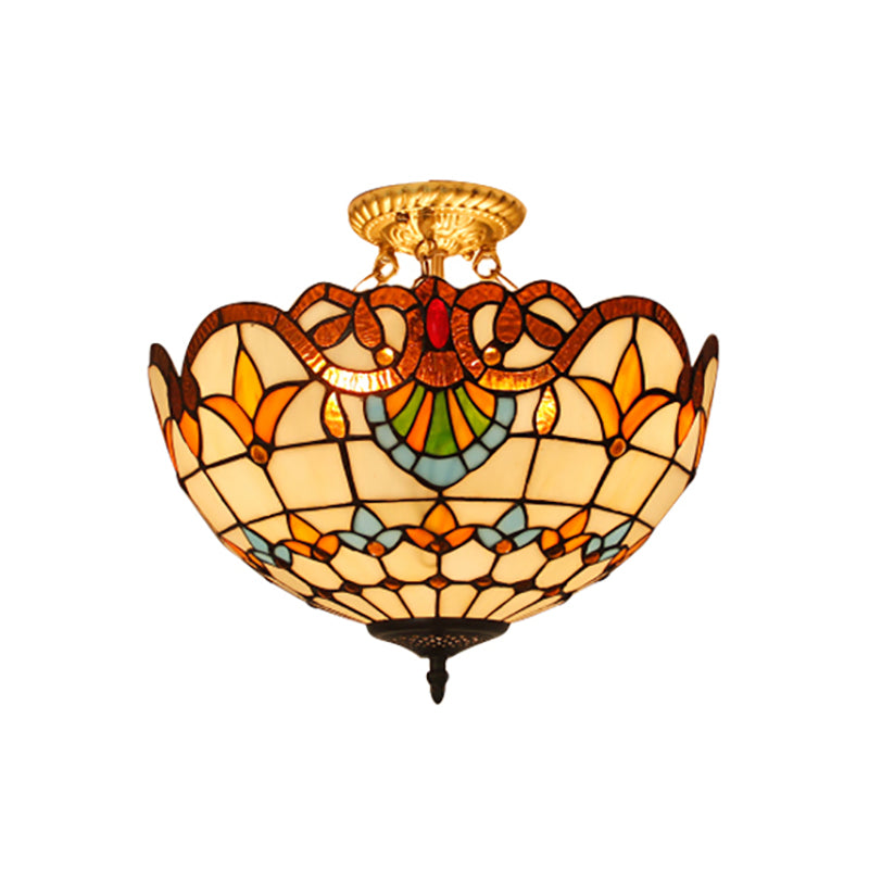 Bowl Semi Flush Light Victorian Style Stained Glass 3 Lights Semi Flushmount in Blue/Brown for Foyer Clearhalo 'Ceiling Lights' 'Close To Ceiling Lights' 'Close to ceiling' 'Glass shade' 'Glass' 'Pendant Lights' 'Semi-flushmount' 'Tiffany close to ceiling' 'Tiffany' Lighting' 179679