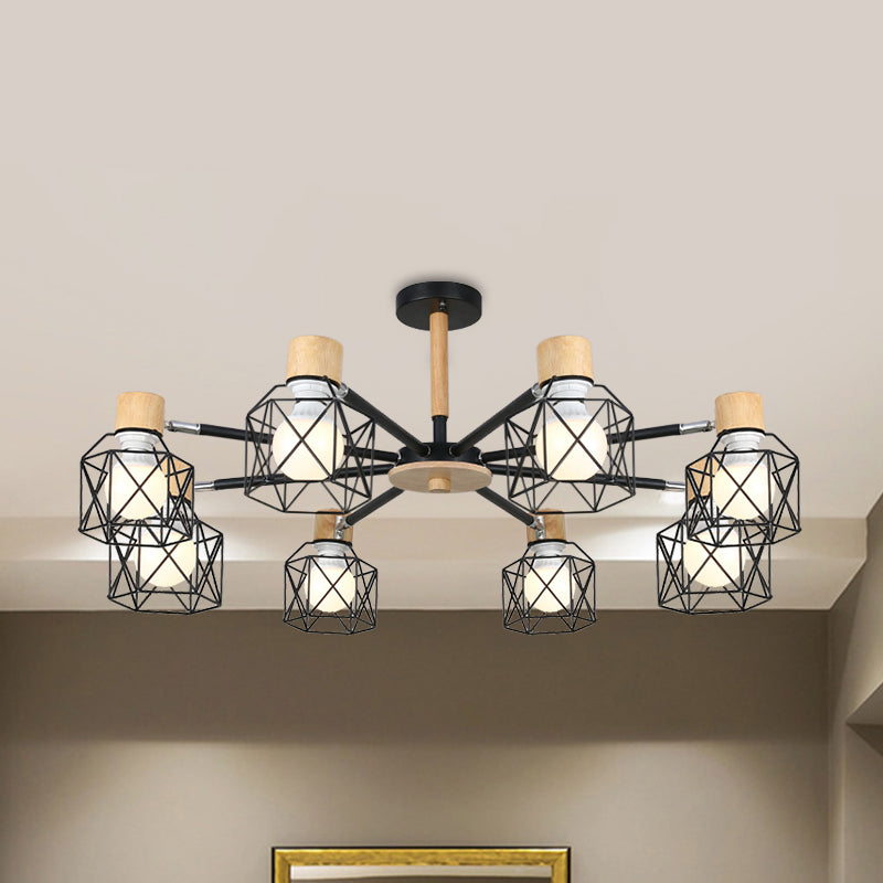 Iron Drum Wire Frame Chandelier Living Room 3/6/8-Light Modern Style Pendant Lighting in Black/White 8 Black Clearhalo 'Ceiling Lights' 'Chandeliers' 'Modern Chandeliers' 'Modern' Lighting' 1796791