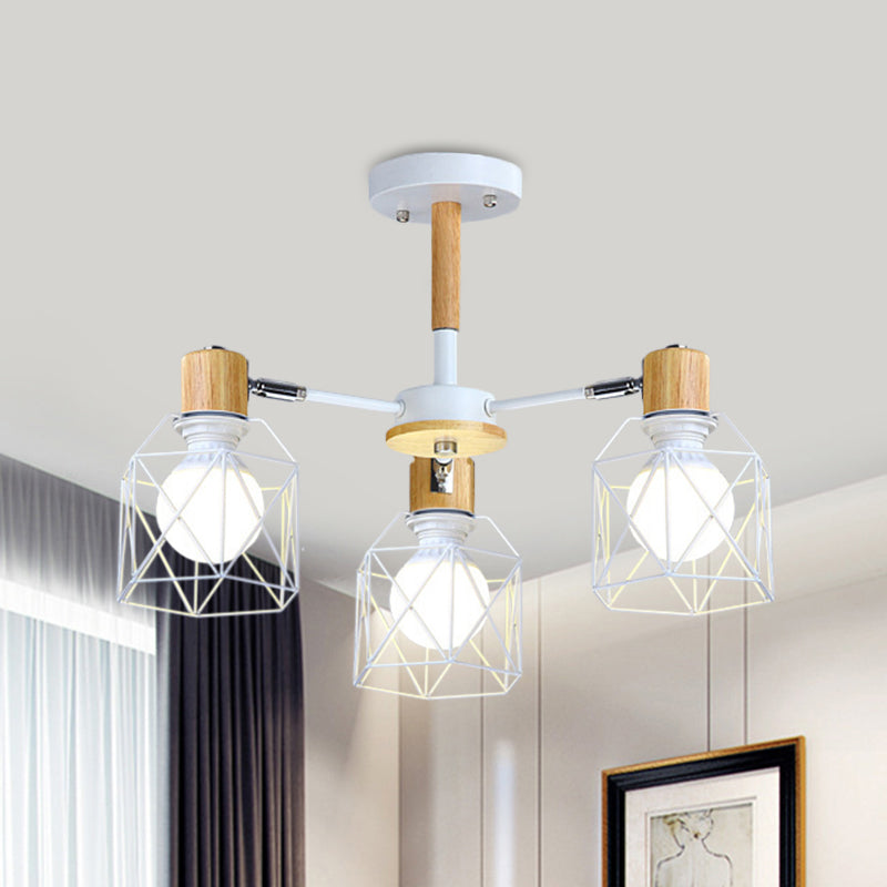 Iron Drum Wire Frame Chandelier Living Room 3/6/8-Light Modern Style Pendant Lighting in Black/White 3 White Clearhalo 'Ceiling Lights' 'Chandeliers' 'Modern Chandeliers' 'Modern' Lighting' 1796796