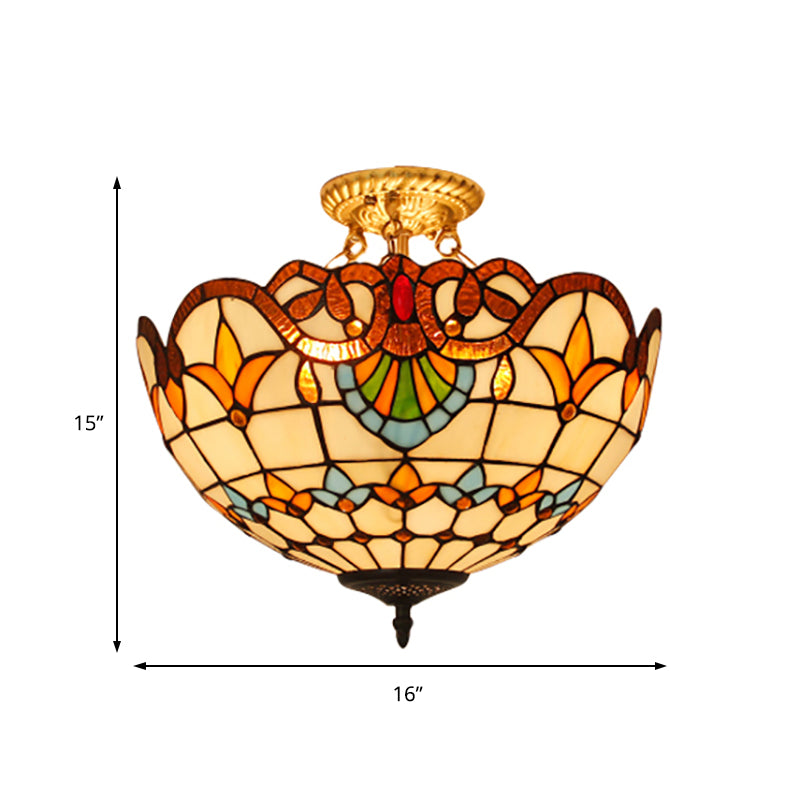 Bowl Semi Flush Light Victorian Style Stained Glass 3 Lights Semi Flushmount in Blue/Brown for Foyer Clearhalo 'Ceiling Lights' 'Close To Ceiling Lights' 'Close to ceiling' 'Glass shade' 'Glass' 'Pendant Lights' 'Semi-flushmount' 'Tiffany close to ceiling' 'Tiffany' Lighting' 179680