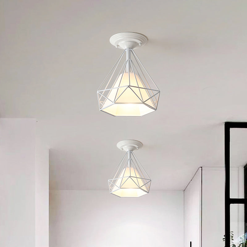 Modern Diamond Wire Guard Ceiling Lamp 1 Light Iron Glass Ceiling Mount Light for Corridor Room Clearhalo 'Ceiling Lights' 'Close To Ceiling Lights' 'Close to ceiling' 'Semi-flushmount' Lighting' 1796814