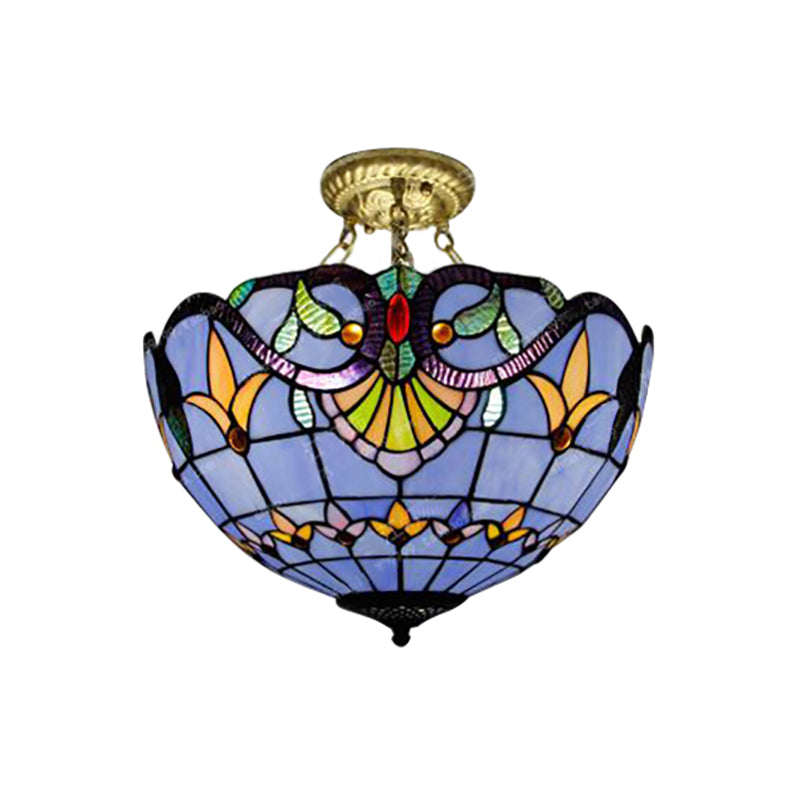 Bowl Semi Flush Light Victorian Style Stained Glass 3 Lights Semi Flushmount in Blue/Brown for Foyer Clearhalo 'Ceiling Lights' 'Close To Ceiling Lights' 'Close to ceiling' 'Glass shade' 'Glass' 'Pendant Lights' 'Semi-flushmount' 'Tiffany close to ceiling' 'Tiffany' Lighting' 179682