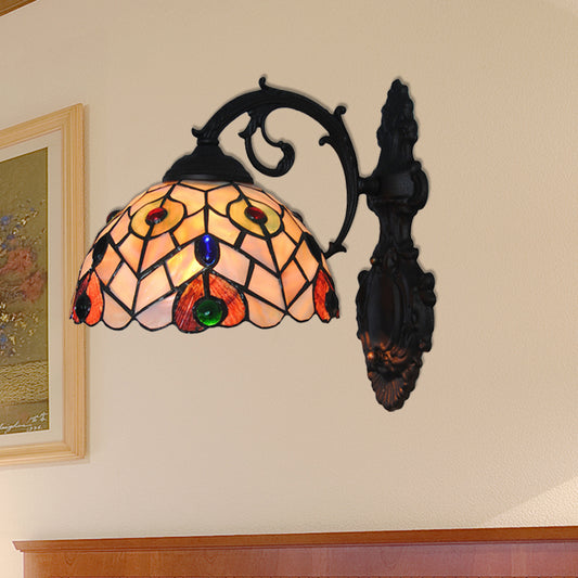 Rustic Loft Dome Wall Sconce Stained Glass 1 Head Wall Mount Light with Curved Arm for Dining Room Light Yellow Clearhalo 'Cast Iron' 'Glass' 'Industrial' 'Middle century wall lights' 'Modern' 'Tiffany wall lights' 'Tiffany' 'Traditional wall lights' 'Wall Lamps & Sconces' 'Wall Lights' Lighting' 179687