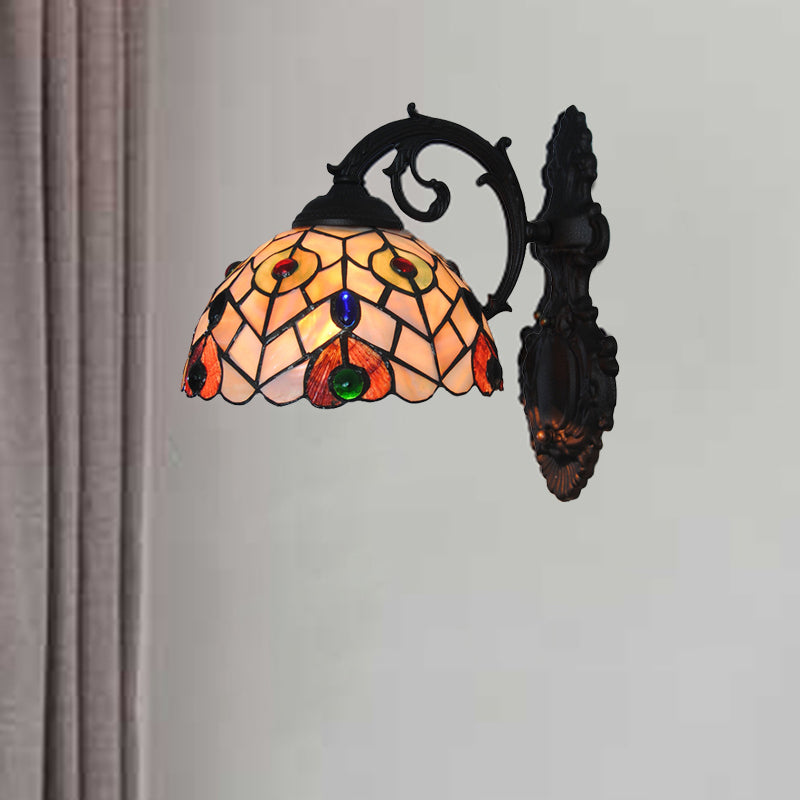 Rustic Loft Dome Wall Sconce Stained Glass 1 Head Wall Mount Light with Curved Arm for Dining Room Clearhalo 'Cast Iron' 'Glass' 'Industrial' 'Middle century wall lights' 'Modern' 'Tiffany wall lights' 'Tiffany' 'Traditional wall lights' 'Wall Lamps & Sconces' 'Wall Lights' Lighting' 179688