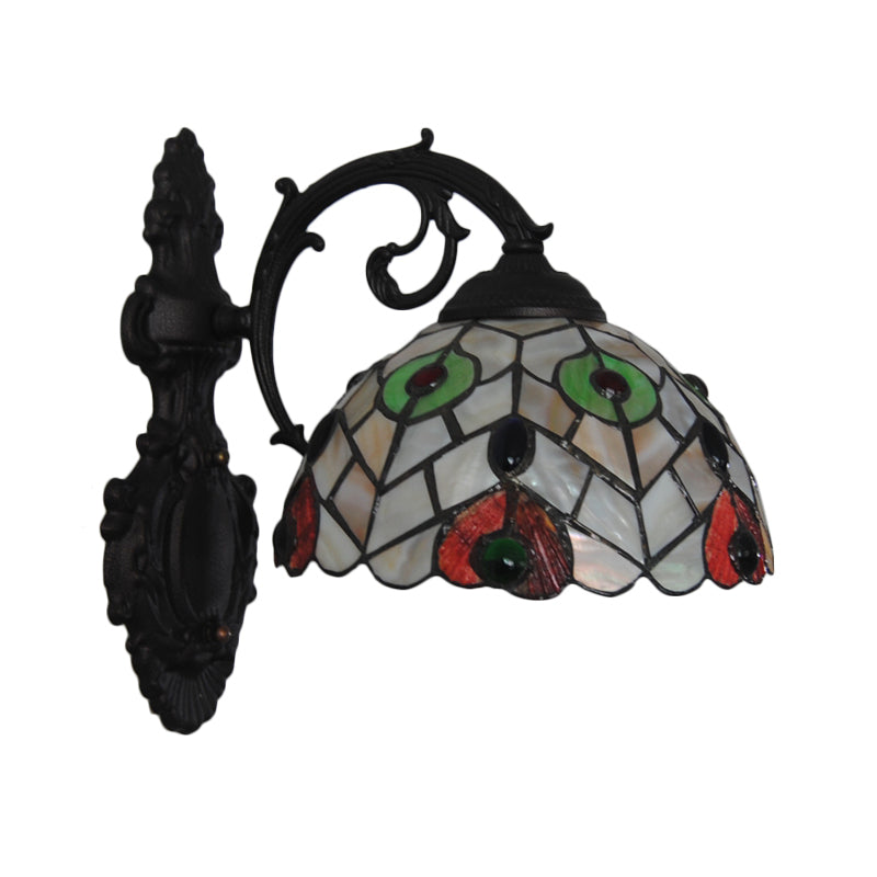 Rustic Loft Dome Wall Sconce Stained Glass 1 Head Wall Mount Light with Curved Arm for Dining Room Clearhalo 'Cast Iron' 'Glass' 'Industrial' 'Middle century wall lights' 'Modern' 'Tiffany wall lights' 'Tiffany' 'Traditional wall lights' 'Wall Lamps & Sconces' 'Wall Lights' Lighting' 179690